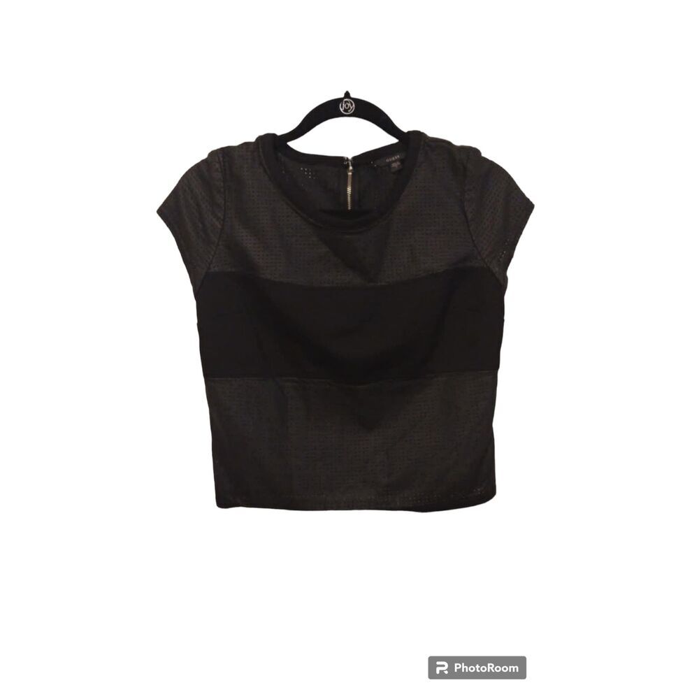 Guess crew neck black faux leather semi crop‎ top